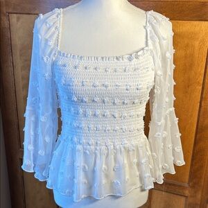 London Rose Swiss Dot Sheer Bell Sleeve White Smocked Peasant Top. Sz M